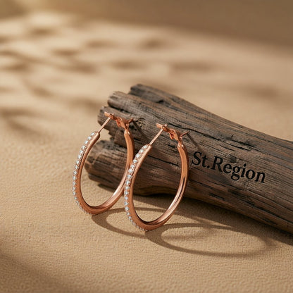 Cubic Zirconia and 18K Rose Gold-Plated Hoop Earrings, rose gold hoop earrings for women, vintage-inspired design, front view