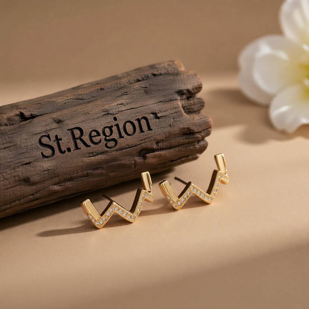Cubic Zirconia and 18K Gold-Plated Wave Stud Earrings, gold stud earrings for women, elegant gift for her, front view