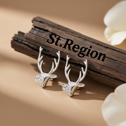 Cubic Zirconia and Silver-Plated Deer Head Stud Earrings, silver stud earrings for women, botanical inspired, front view