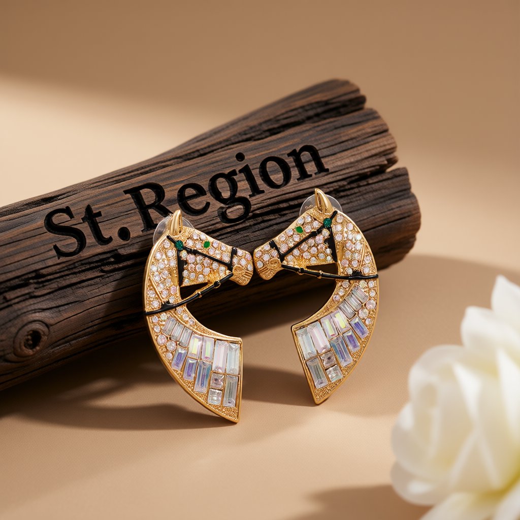 Cubic Zirconia and Crystal 18K Gold-Plated Horse Stud Earrings, gold stud earrings for women, botanical inspired, side view