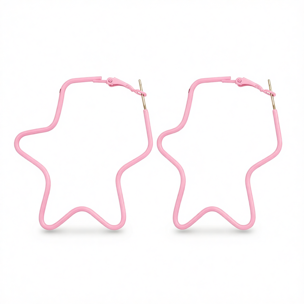 Pink Enamel & Silver-Plated Star Hoop Earrings