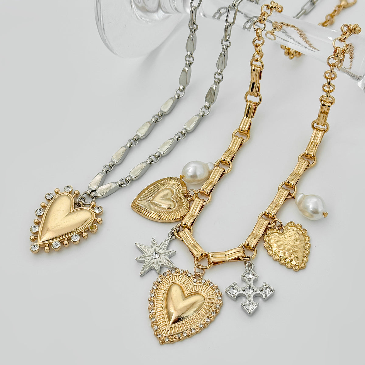 Pearl & Cubic Zirconia Two Tone Star Heart Charm Necklace Set