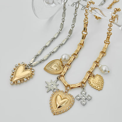 Pearl & Cubic Zirconia Two Tone Star Heart Charm Necklace Set