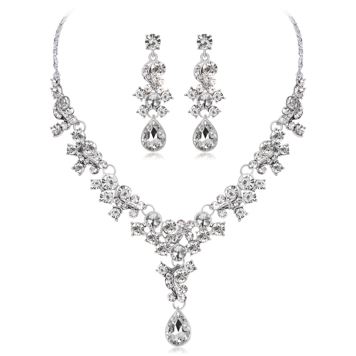 Clear Crystal and Cubic Zirconia Flower Drop Earrings and Necklace Set, drop earrings for women, everyday style, front view