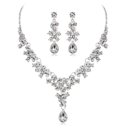 Clear Crystal and Cubic Zirconia Flower Drop Earrings and Necklace Set, drop earrings for women, everyday style, front view