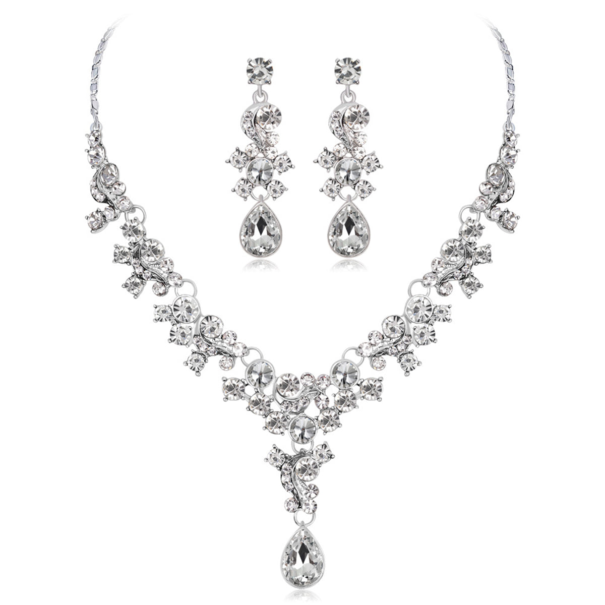 Clear Crystal & Cubic Zirconia Flower Drop Earrings & Necklace Set