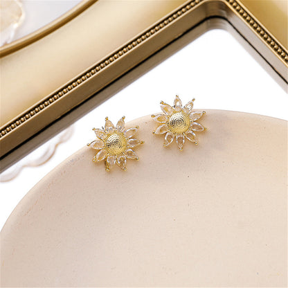 Crystal and 18K Gold-Plated Sunflower Stud Earrings, gold stud earrings for women, everyday style, detail close-up