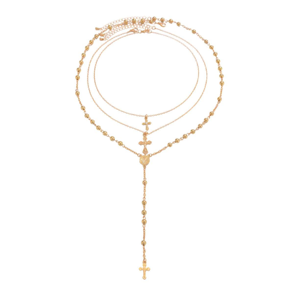 Goldtone Beads Chain Cross Pendant Drop Necklace Set, gold pendant necklace for women, vintage-inspired design, front view