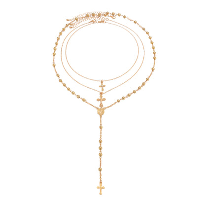 Goldtone Beads Chain Cross Pendant Drop Necklace Set, gold pendant necklace for women, vintage-inspired design, front view