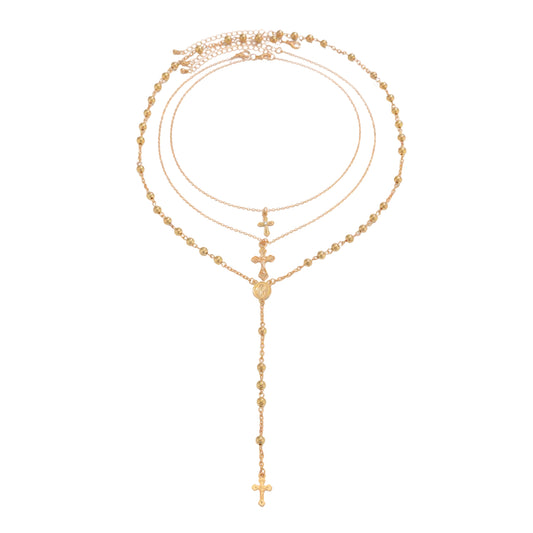 Goldtone Beads Chain Cross Pendant Drop Necklace Set, gold pendant necklace for women, vintage-inspired design, front view