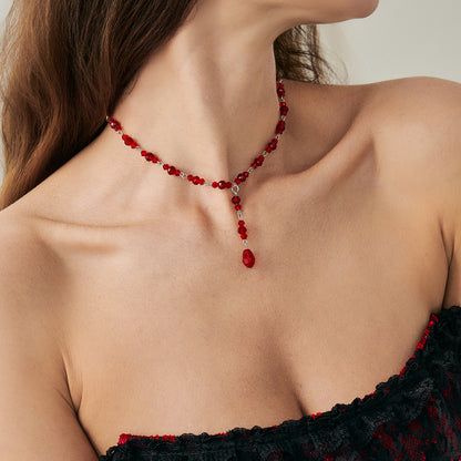 Red Acrylic and Silvertone Y-Necklace, dainty minimalist design, styled look
