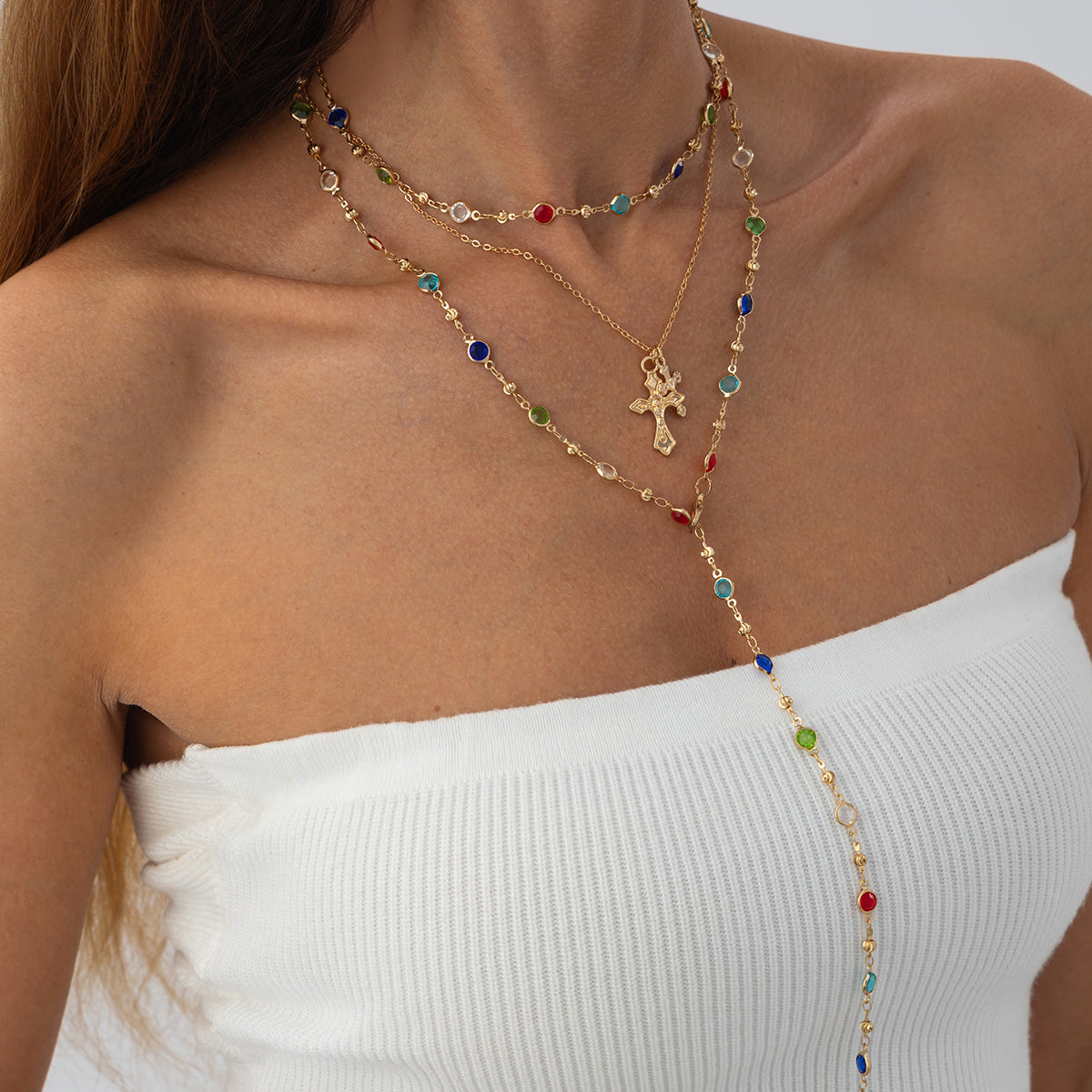 Multi-Colored Crystal and Goldtone Cross Pendant Lariat Necklace Set, gold pendant necklace for women, styled look