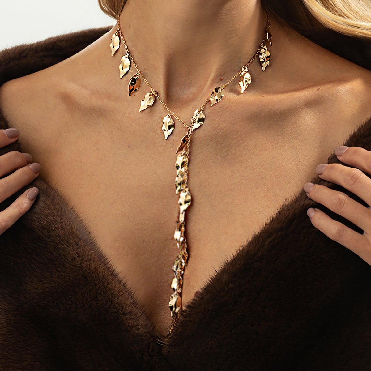 Goldtone Hammered Leaves Drop Necklace, botanical inspired, lifestyle look