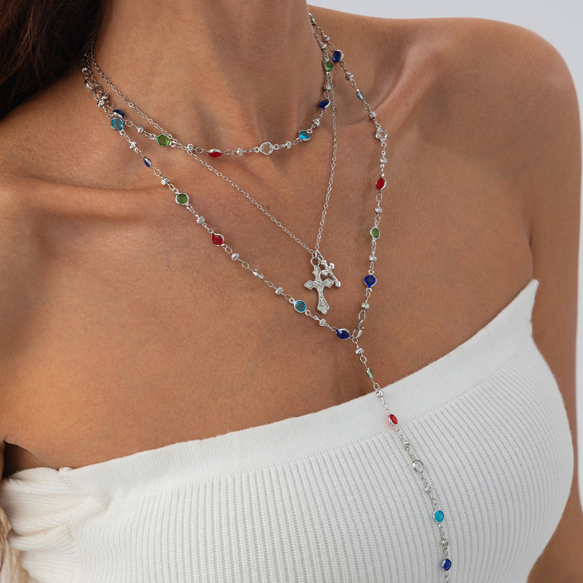 Multi-Colored Crystal and Silvertone Cross Pendant Lariat Necklace Set, silver pendant necklace for women, styled look