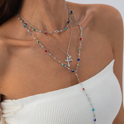 Multi-Colored Crystal and Silvertone Cross Pendant Lariat Necklace Set, silver pendant necklace for women, styled look