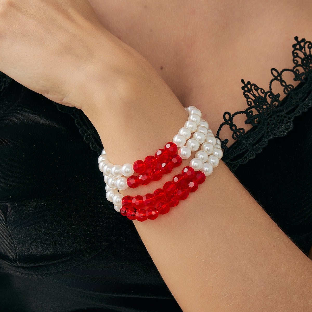Red Acrylic and Pearl Silvertone Layered Bracelet, silver bracelet for women, vintage-inspired design, lifestyle look