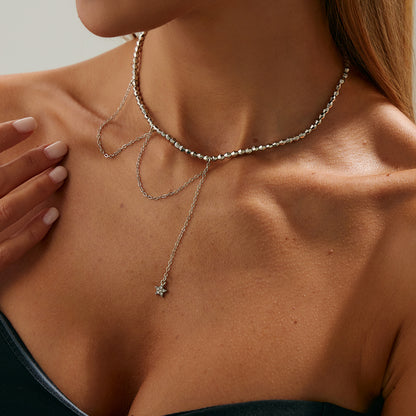 Cubic Zirconia and Silvertone Beaded Chain Star Drop Necklace, elegant gift for her, styled look