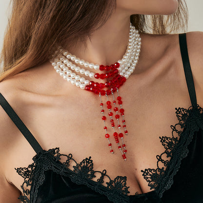 Red Acrylic and Pearl Silvertone Drop Tassel Layered Necklace, elegant gift for her, styled look