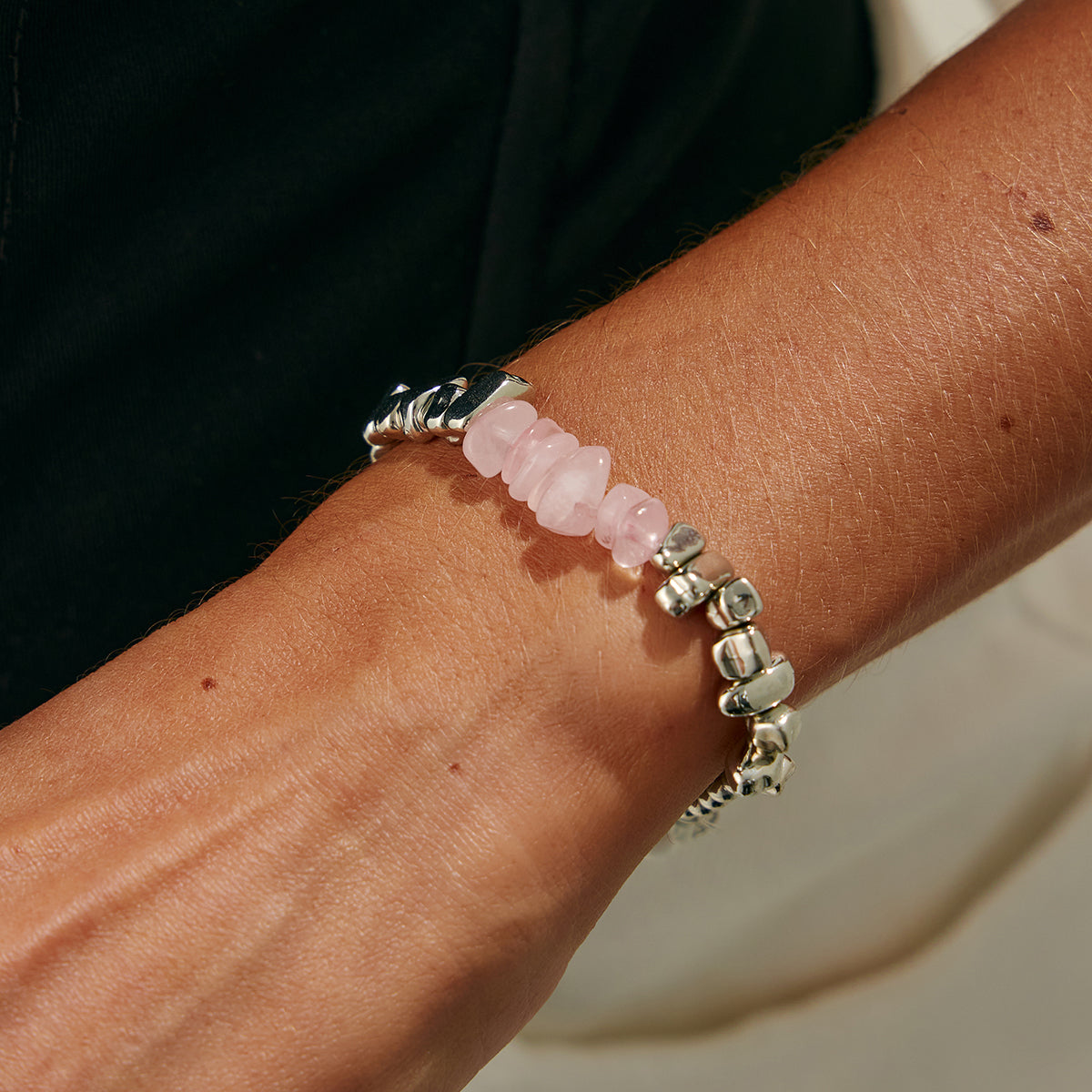 Pink Resin and Silvertone Irregular Beads Link Bracelet, silver bracelet for women, vintage-inspired design, styled look
