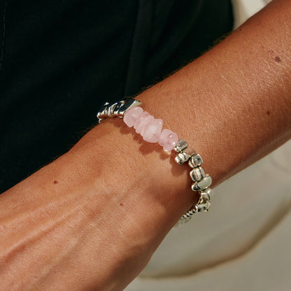 Pink Resin and Silvertone Irregular Beads Link Bracelet, silver bracelet for women, vintage-inspired design, styled look