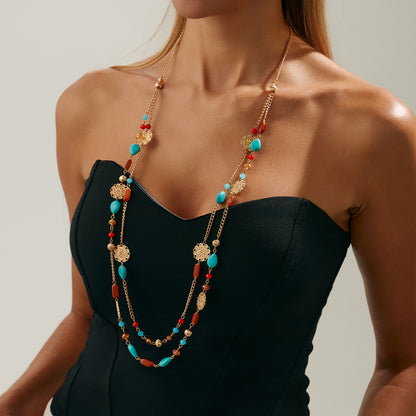 Resin and Turqouise Acrylic Goldtone Flower Plate Layered Necklace, vintage-inspired design, styled look