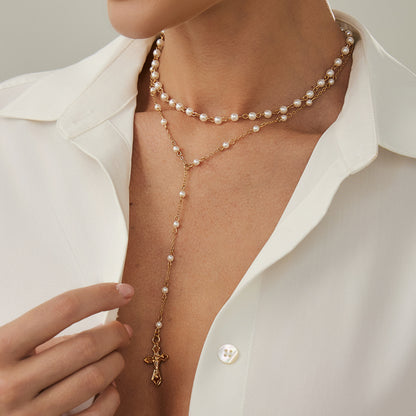 Pearl and Goldtone Cross Drop Necklace Set, gold pendant necklace for women, botanical inspired, styled look