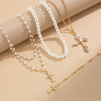 Cubic Zirconia & Pearl Goldtone Cross Pendant Necklace Set