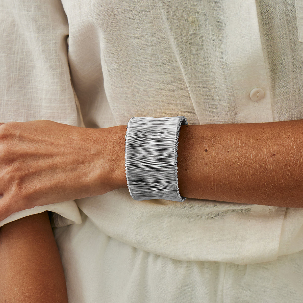 Silvertone Wire Drawing Layered Cuff, silver bracelet for women, vintage-inspired design, styled look