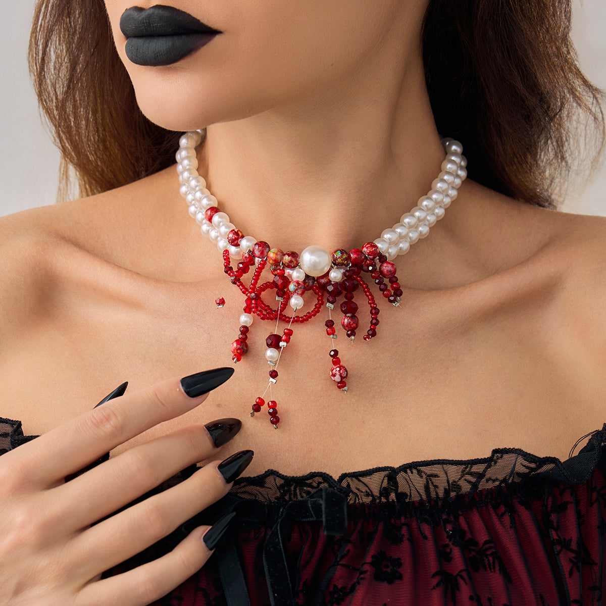 Red Acrylic and Pearl Silvertone Layered Necklace, everyday style, lifestyle look