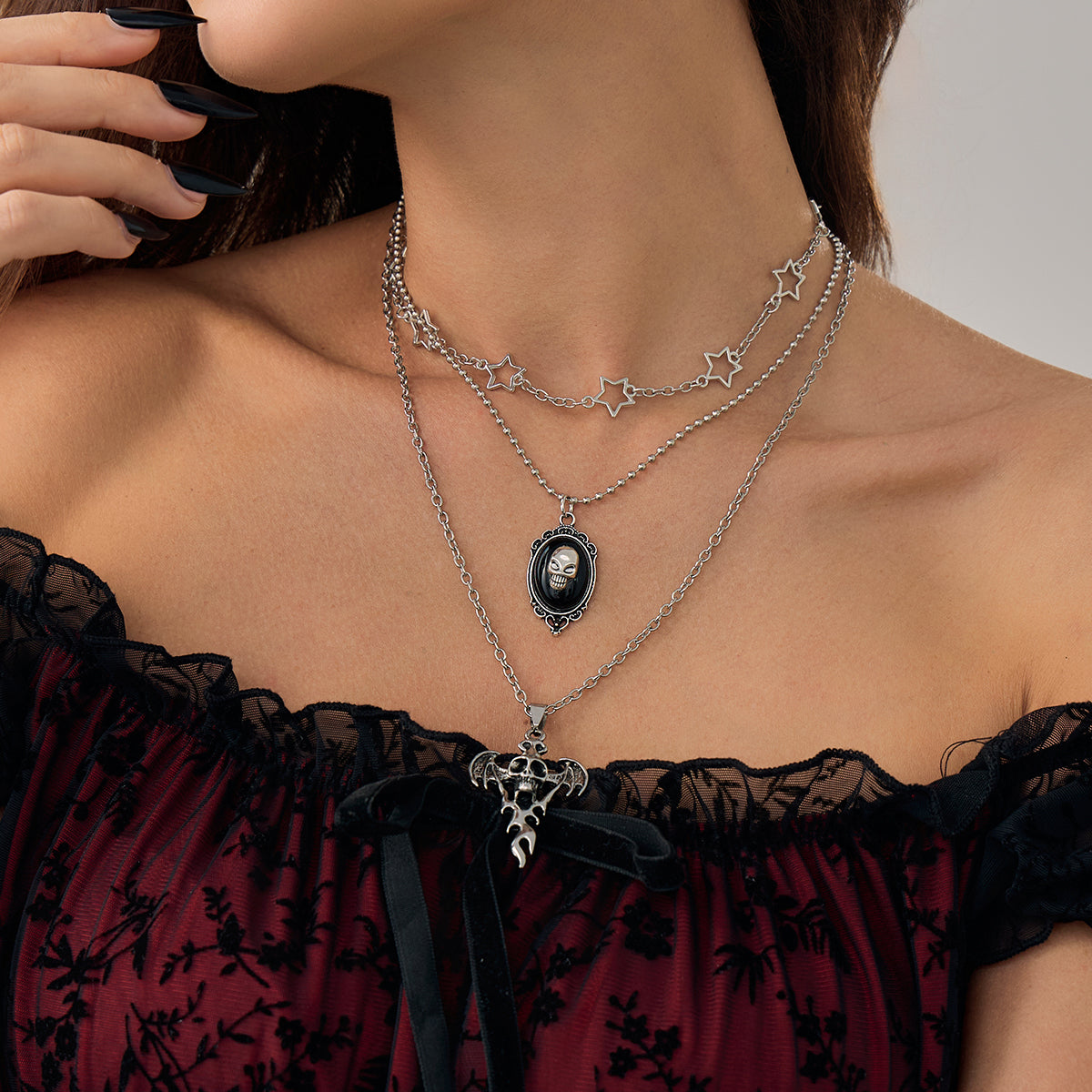 Black Resin and Enamel Silvertone Skull Bat Pendant Necklace Set, silver pendant necklace for women, lifestyle look