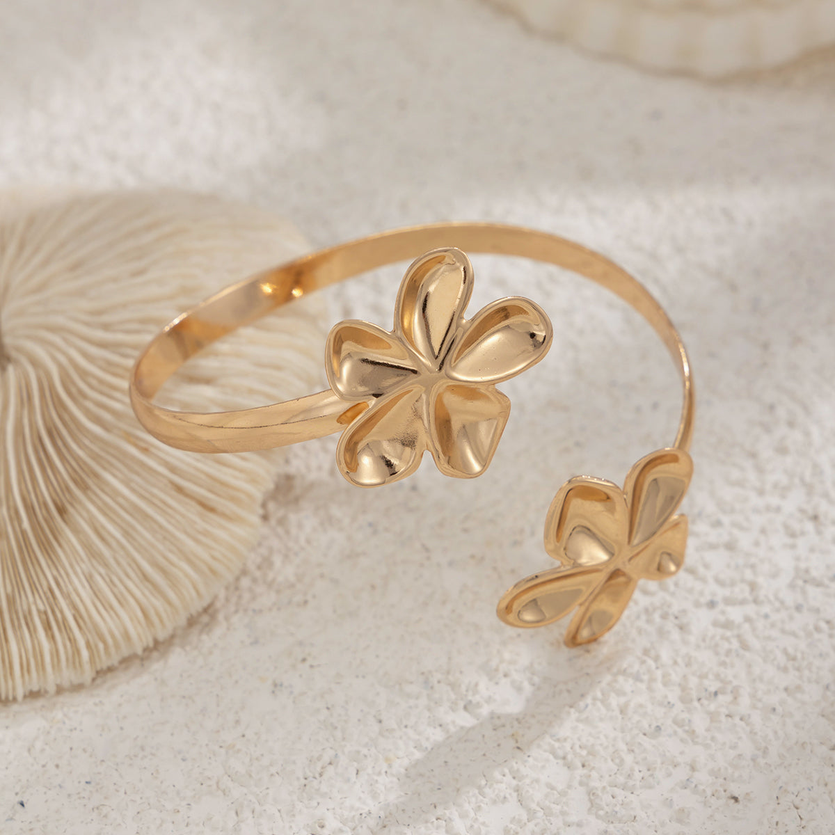 Goldtone Dual-Flower Bypass Arm Cuff, botanical inspired, side view
