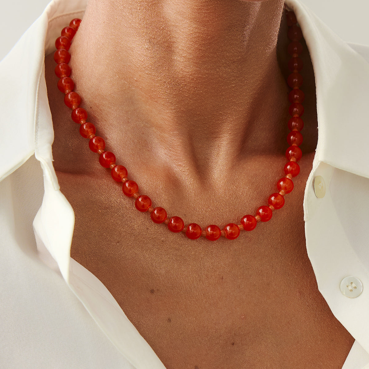 Red Jade and Silvertone Beaded Chain Collar Necklace, botanical inspired, lifestyle look