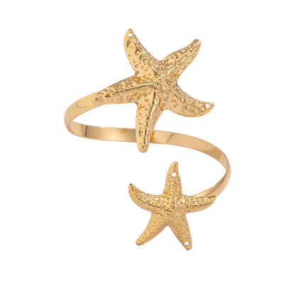 Goldtone Hammered Dual-Starfish Bypass Arm Cuff, dainty minimalist design, front view