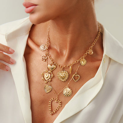 Goldtone Heart Flower Fish Statement Necklace, botanical inspired, styled look