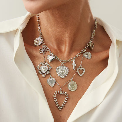 Silvertone Heart Flower Fish Statement Necklace, dainty minimalist design, lifestyle look