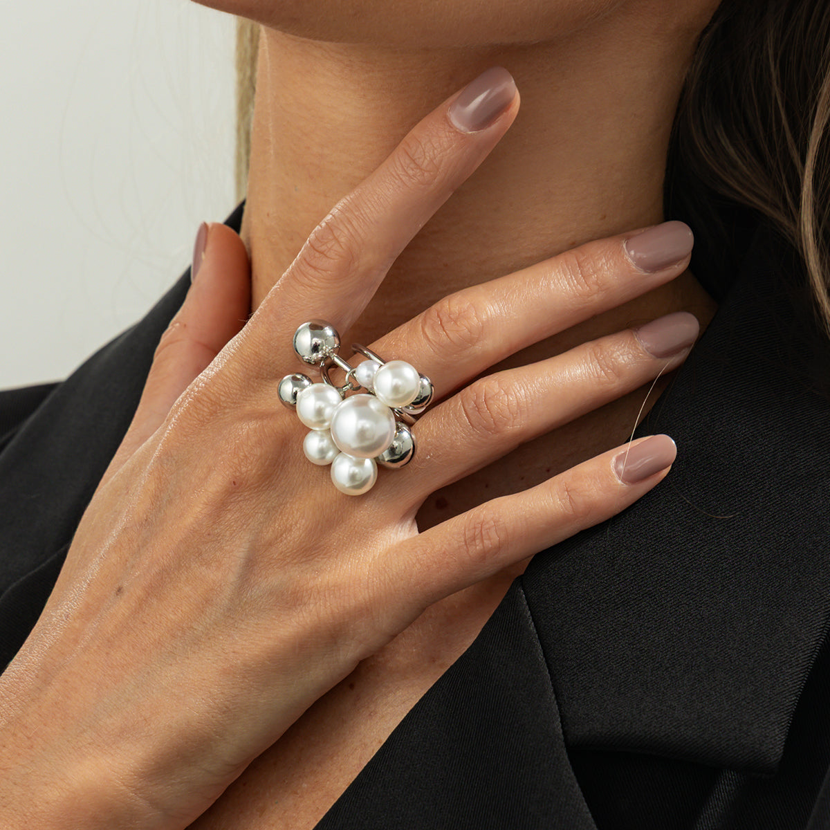 Pearl and Silvertone Ball Cluster Bypass Ring, dainty minimalist design, lifestyle look