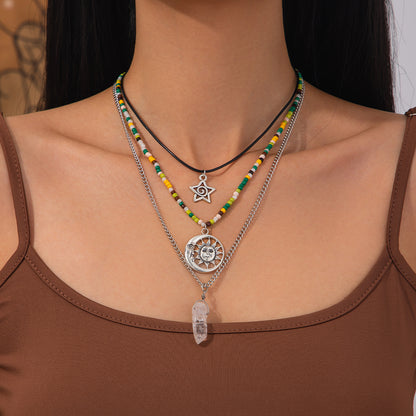 Crystal and Howlite Polyster Silvertone Sun Hexagonal Prism Pendant Necklace Set, silver pendant necklace..., lifestyle look