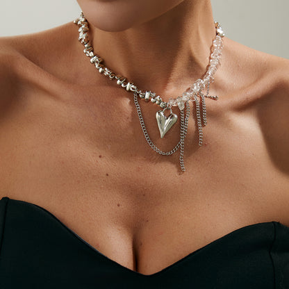 Clear Acrylic and Silvertone Heart Pendant Tassel Necklace, everyday style, lifestyle look