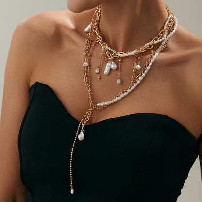 Pearl and Goldtone Beads Tassel Drop Necklace Set, gold pendant necklace for women, everyday style, lifestyle look