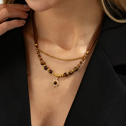 Tiger's Eye‌ and Polyster Goldtone Sun Pendant Layered Necklace, dainty minimalist design, lifestyle look