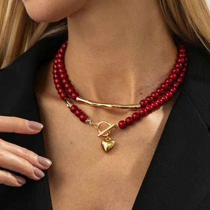 Red Resin & Goldtone Beads Chain Bar Heart Pendant Necklace Set