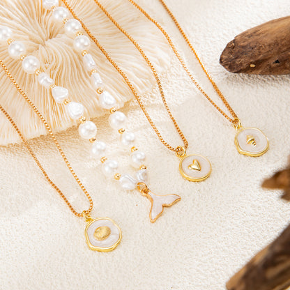 Baroque Pearl and Enamel Goldtone Fishtail Round Pendant Necklace Set, gold pendant necklace for women, detail close-up