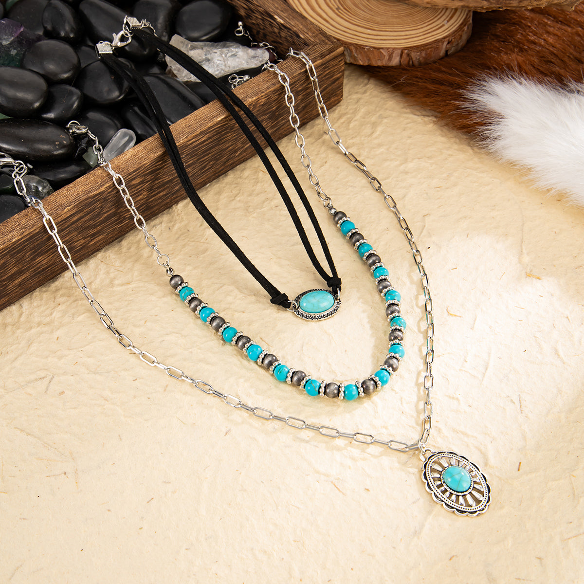 Black Polyster and Turqouise Silvertone Oval Pendant Necklace Set, silver pendant necklace for women, side view