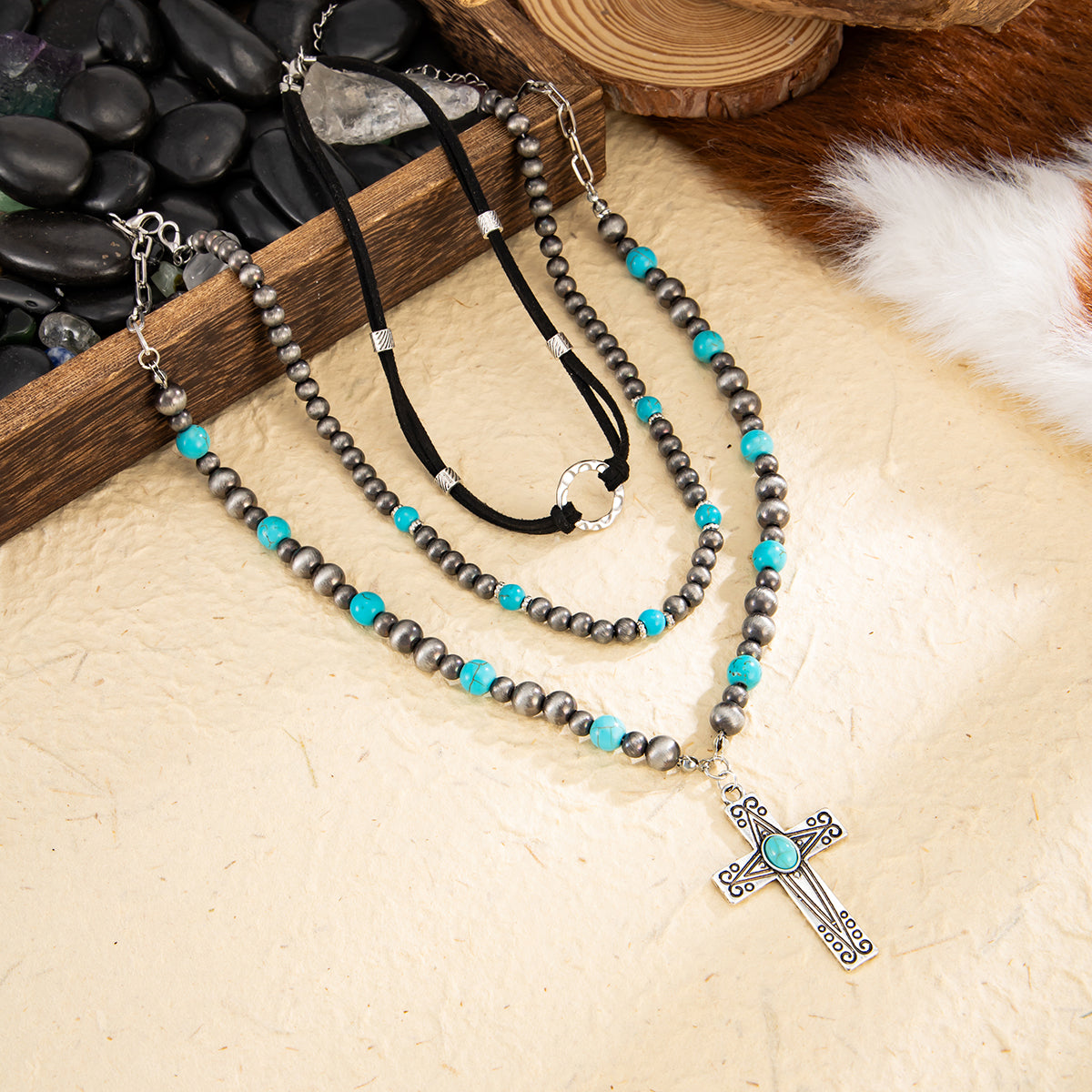 Gray Resin and Turqouise Polyster Silvertone Cross Pendant Necklace Set, silver pendant necklace for women, side view