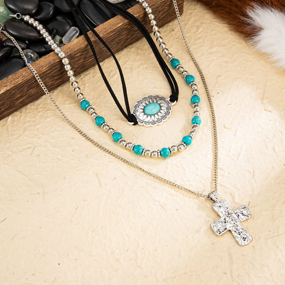 Black Polyster and Turqouise Silvertone Hammered Cross Pendant Necklace Set, silver pendant necklace for women, side view