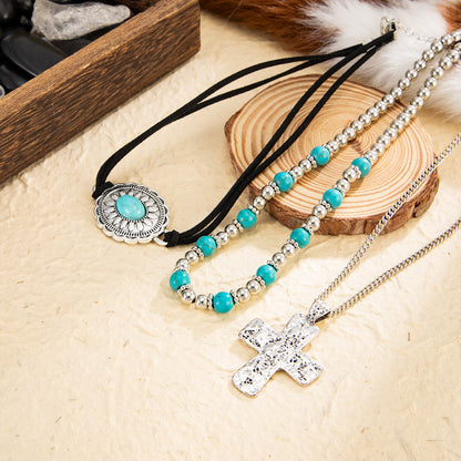 Black Polyster and Turqouise Silvertone Hammered Cross Pendant Necklace Set, silver pendant necklace for..., detail close-up