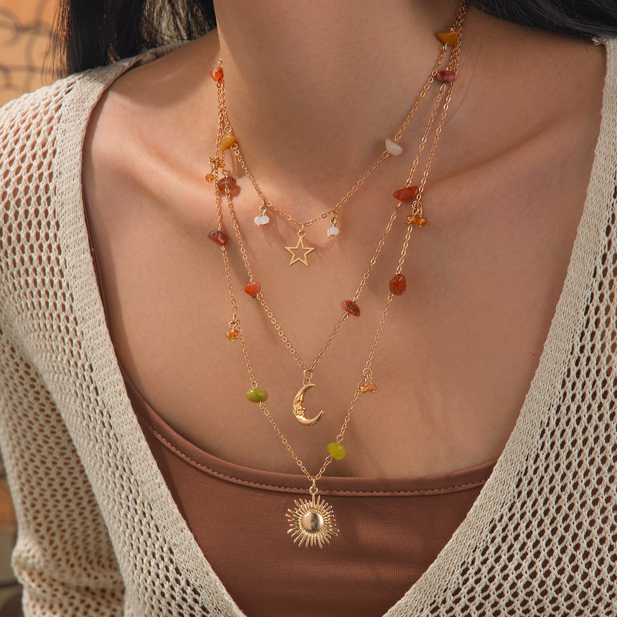 Colored Resin and Goldtone Celestial Pendant Layered Necklace, everyday style, lifestyle look