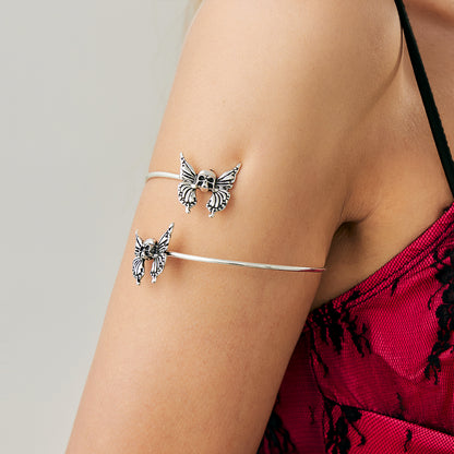 Silvertone Dual-Skull-Butterflies Bypass Arm Cuff, everyday style, styled look