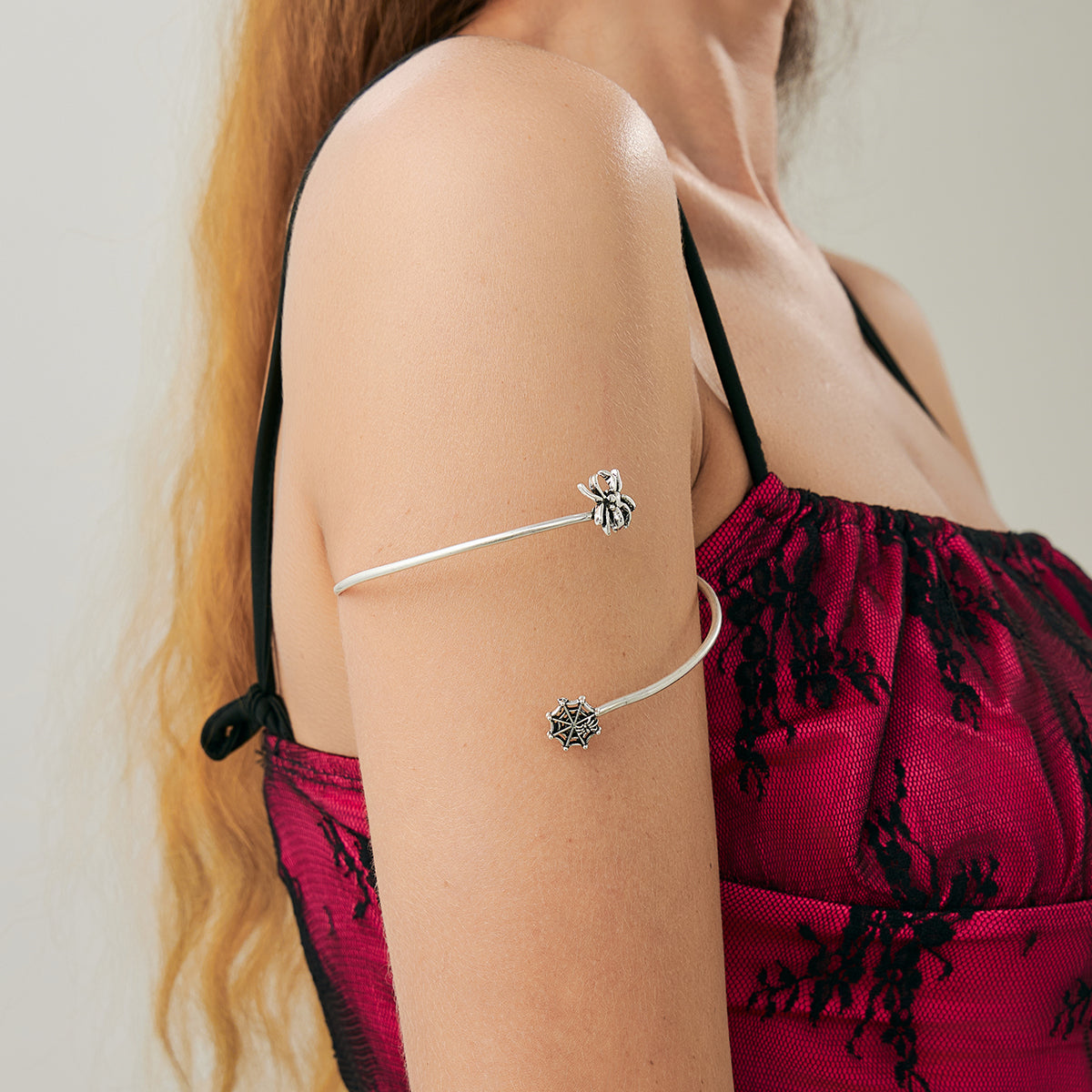Silvertone Spider and Web Bypass Arm Cuff, dainty minimalist design, styled look