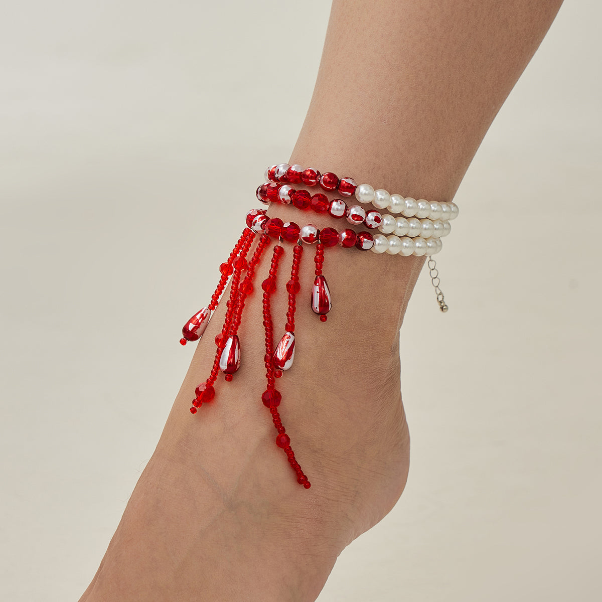 Red Acrylic and Enamel Pearl Silvertone Tassel Layered Anklet, silver anklet bracelet, vintage-inspired design, styled look